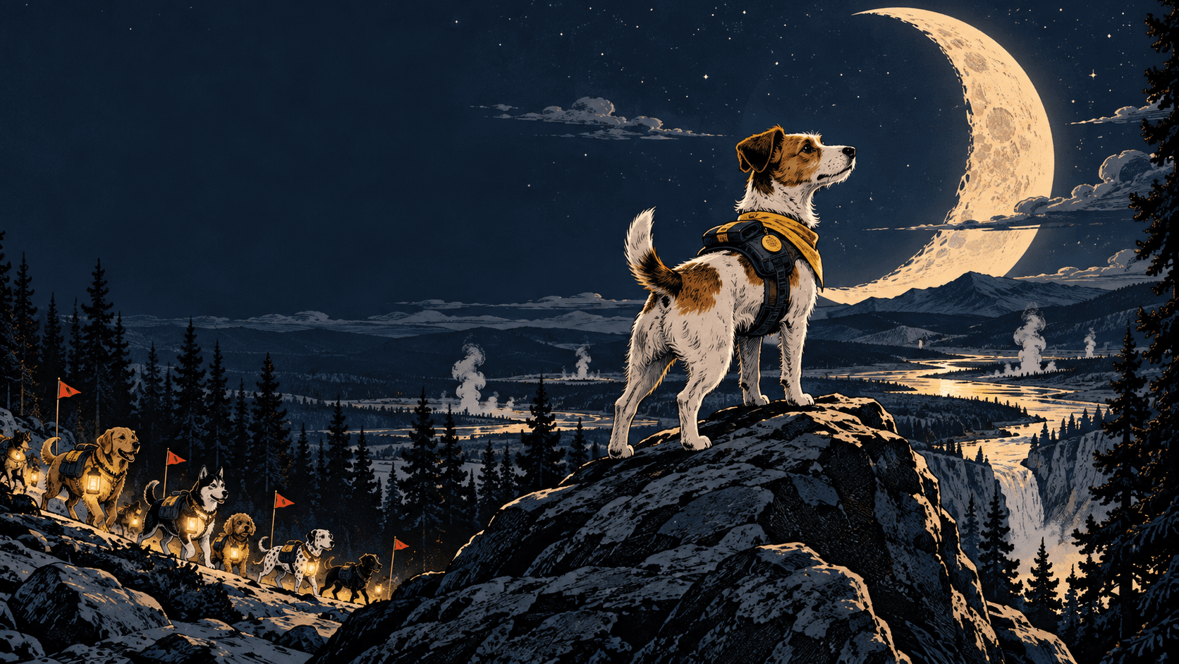 Illustrated search dogs following Luna through Yellowstone beneath a crescent moon